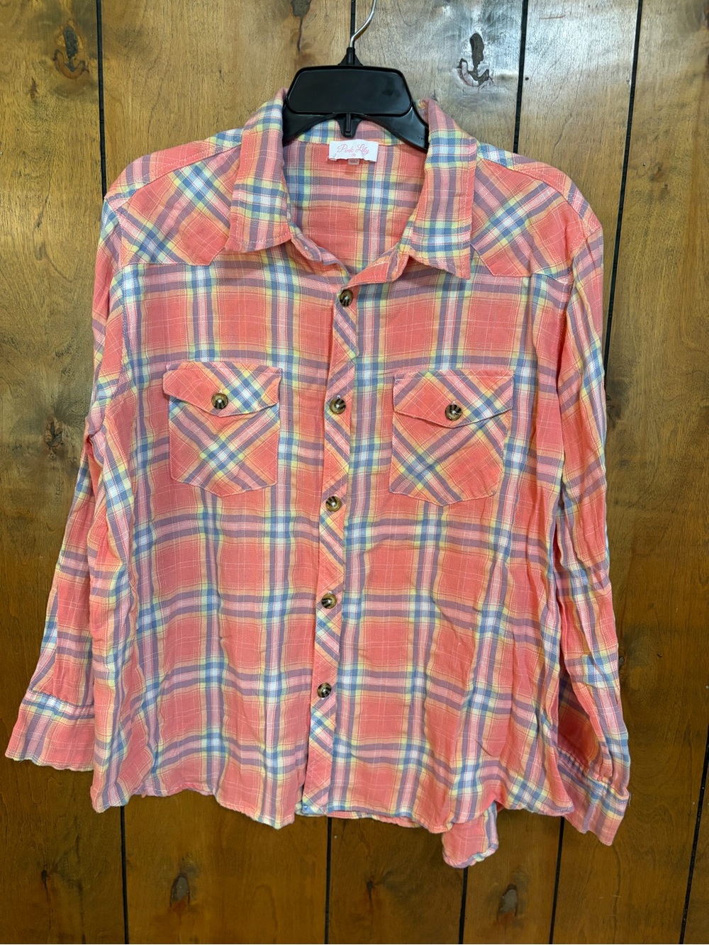Pink Lily Coral Plaid Button-Down Shirt